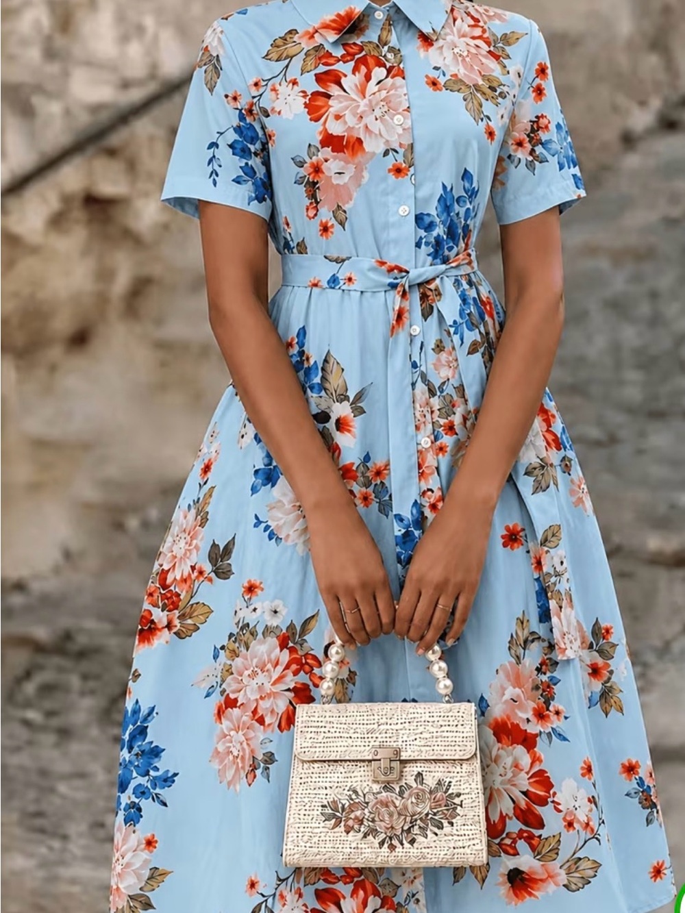 Button-Front Floral Midi Dress with Tie Waist in Light Blue